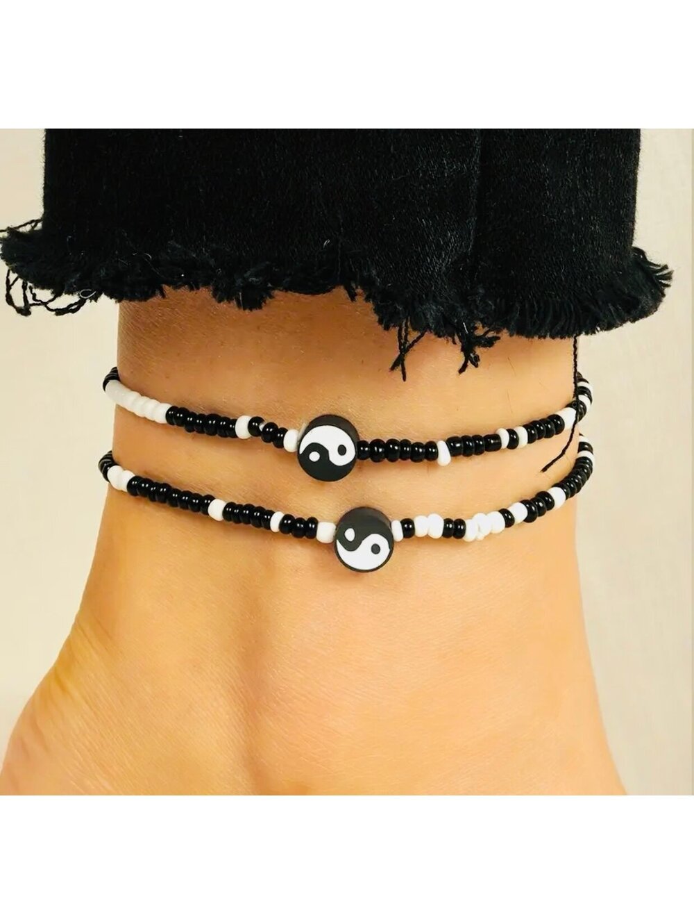 New - Fun ! 2pcs -Yin Yang Tai Chi Beaded Adjustable Anklet Set - Black /White